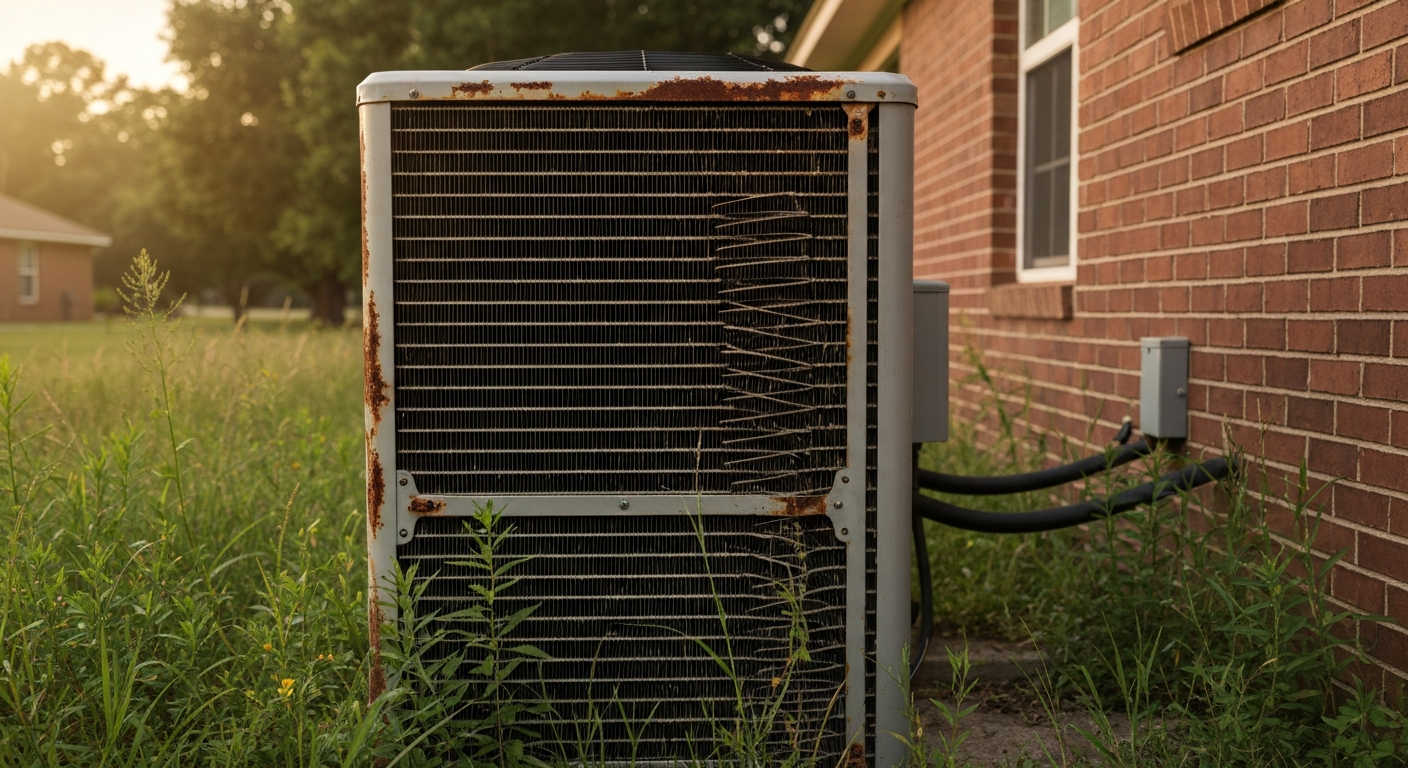 Old failing HVAC condenser unit before replacement in Huntsville Alabama