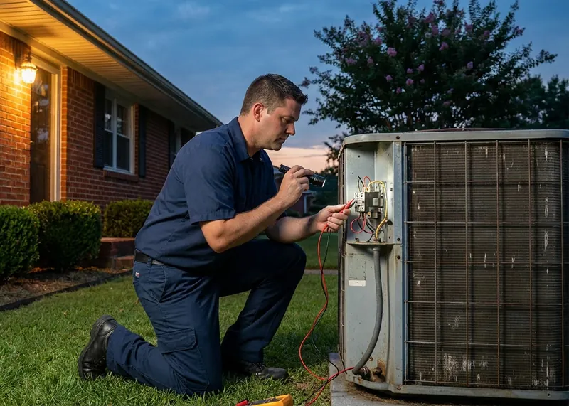 HVAC technician testing an outdoor AC unit at dusk beside a brick home