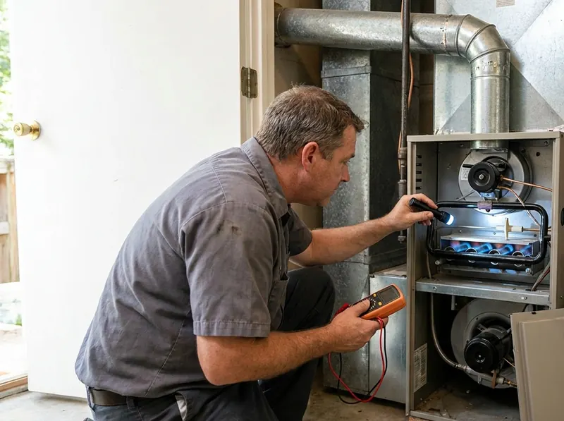 HVAC technician inspecting the burners of a gas furnace in a utility closet