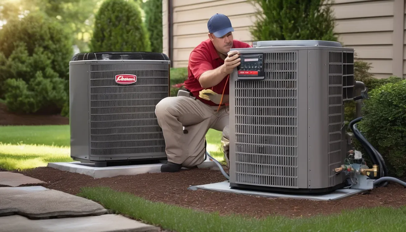 Technician servicing an outdoor AC condenser in Huntsville
